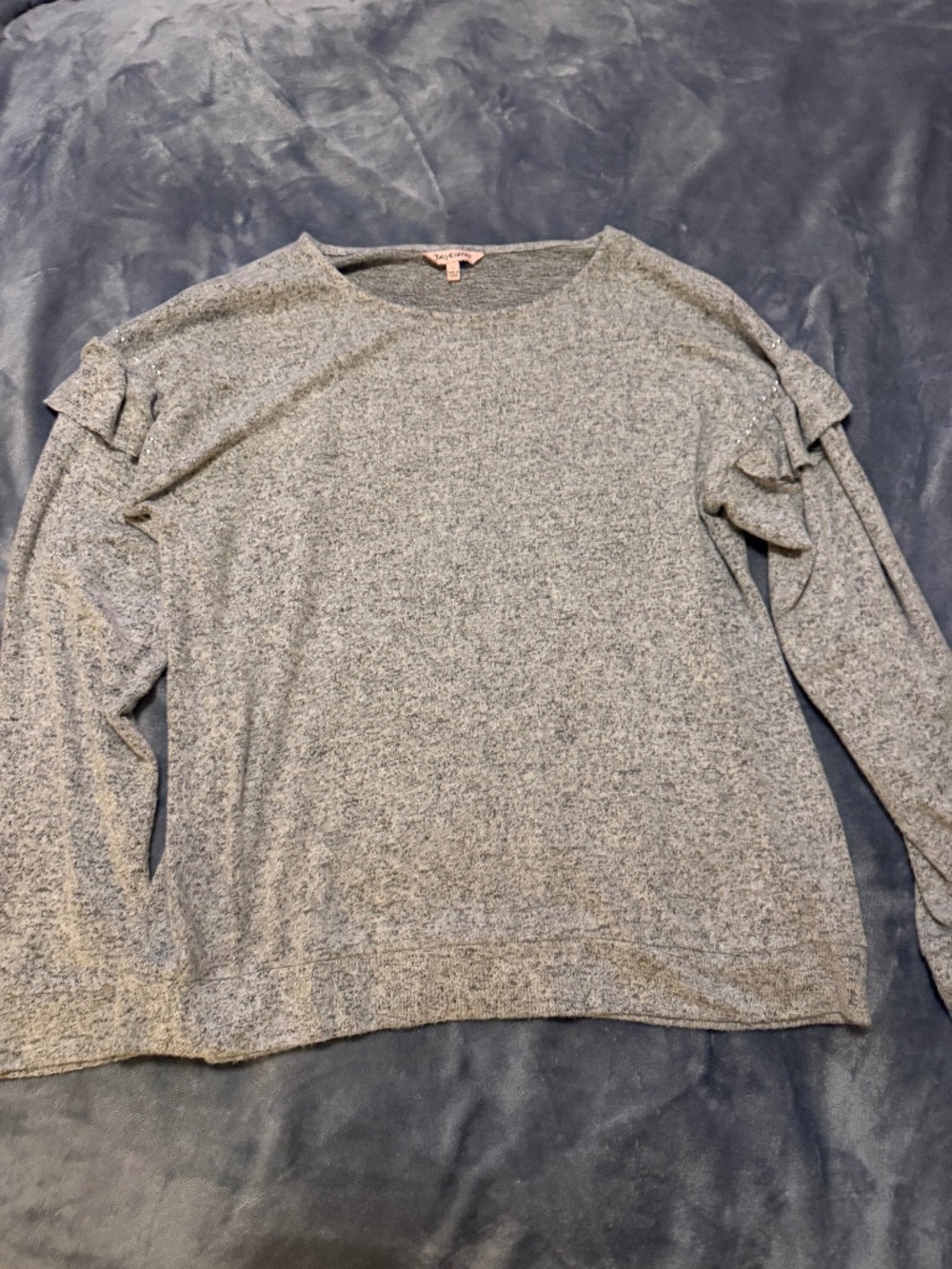 Juicy Couture Women's Large Gray Ruffle Shoulder Rhinestone Sweater Top